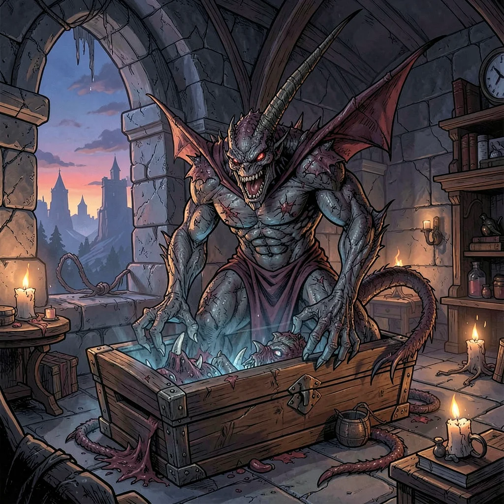 RPG sourcebook illustration, a vampire spawn emerging from coffin, castle chambe