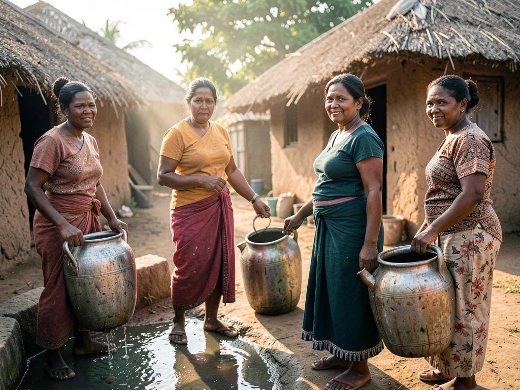 Village well scene — women with water vessels, one turning to look at camera, mo