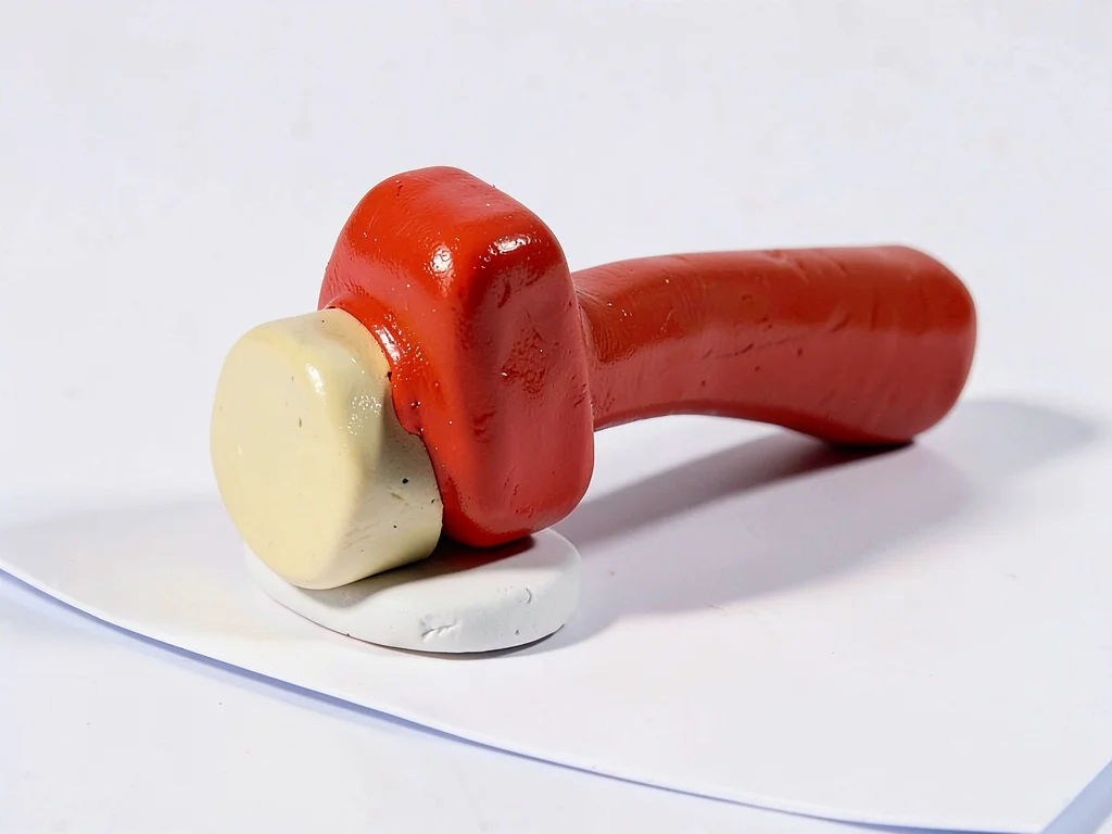 Stout chunky clay axe-head sharpener in cherry red with stubby cream-toned grind