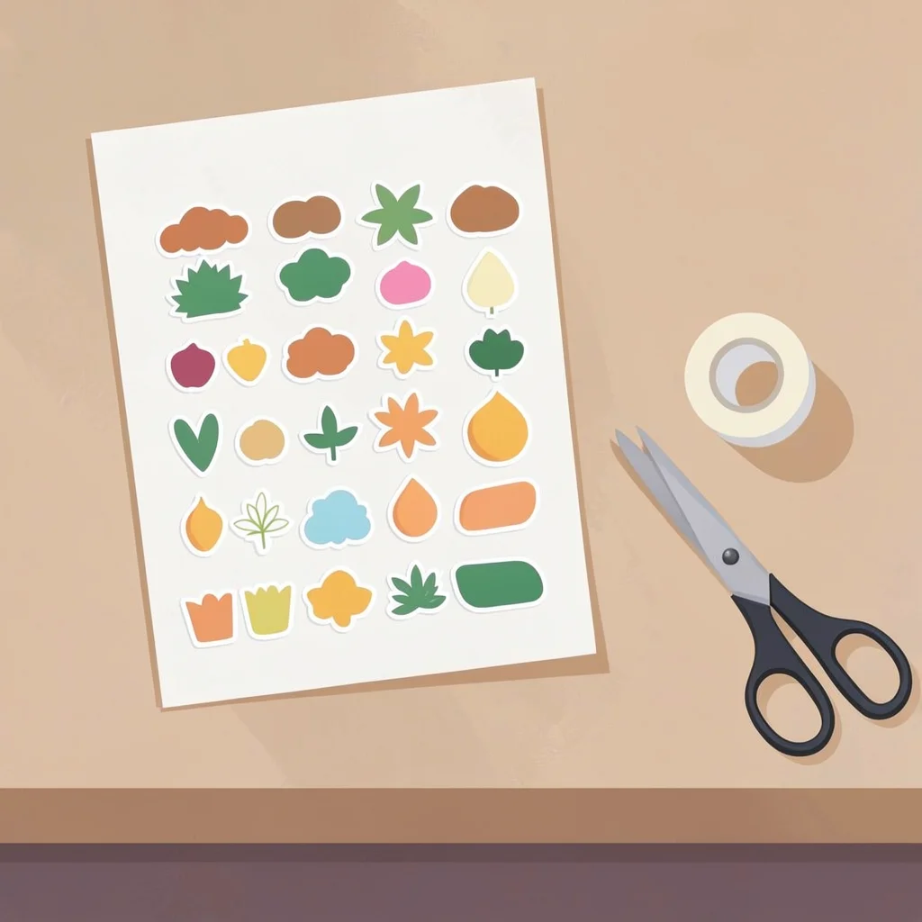 Tomas catalog scene of a desk with sticker sheet, scissors and tape, flat shapes