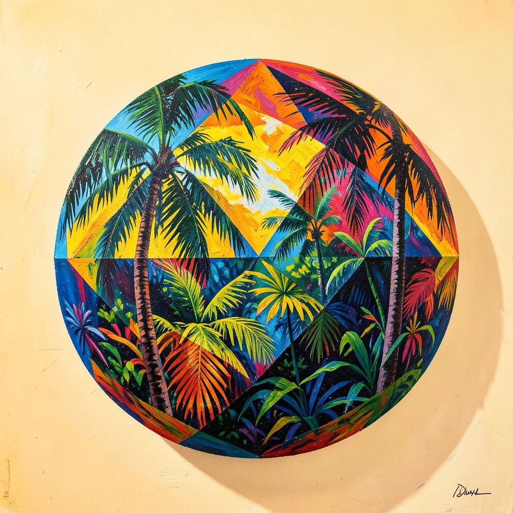 Geometric sphere silhouette filled with tropical jungle, double exposure