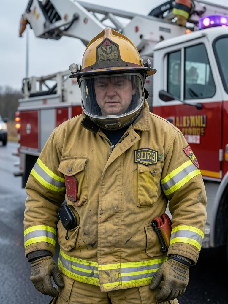 Firefighter in full turnout gear standing beside ladder truck — portrait from wa