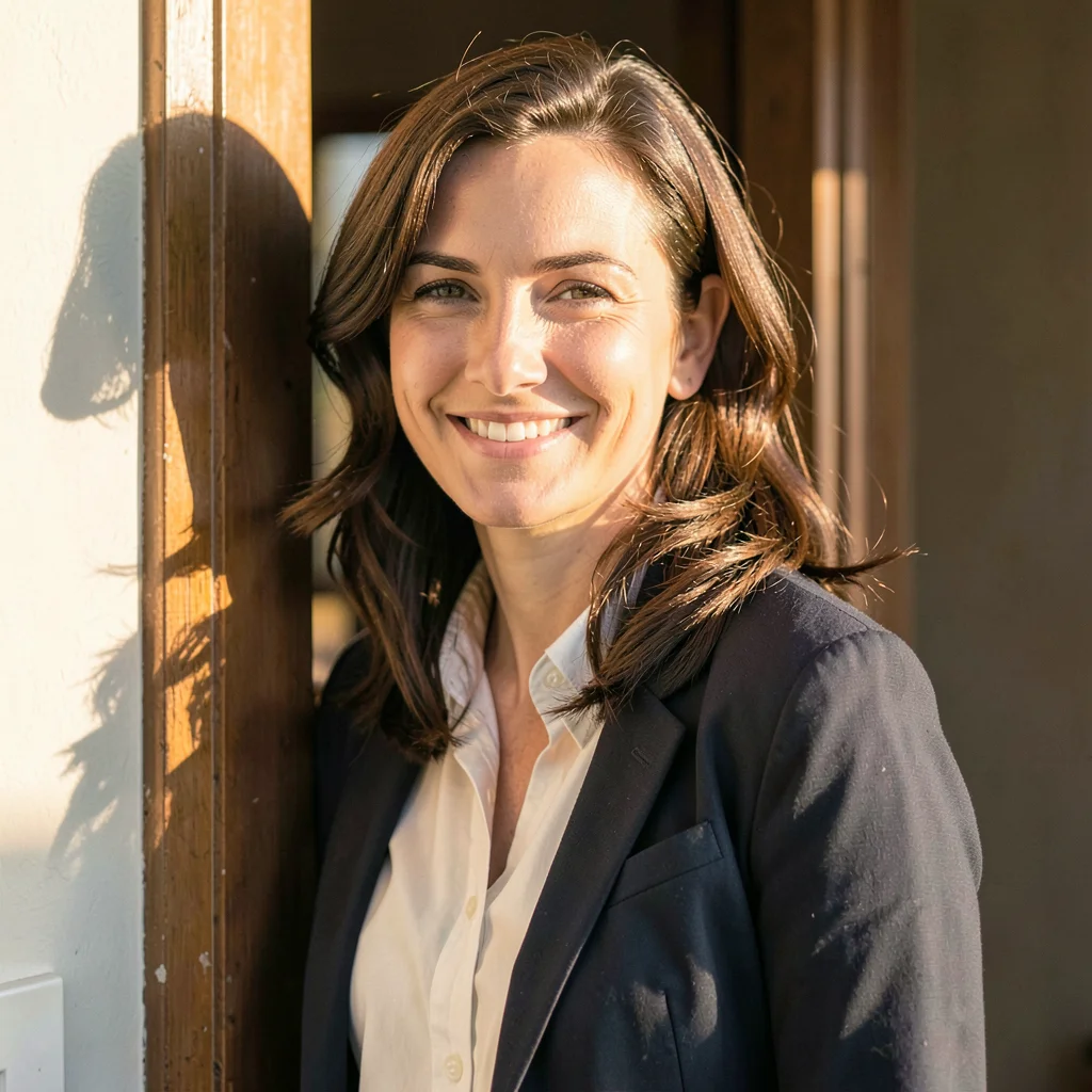 Practitioner portrait of a hotline lead leaning against a quiet doorway, warm af