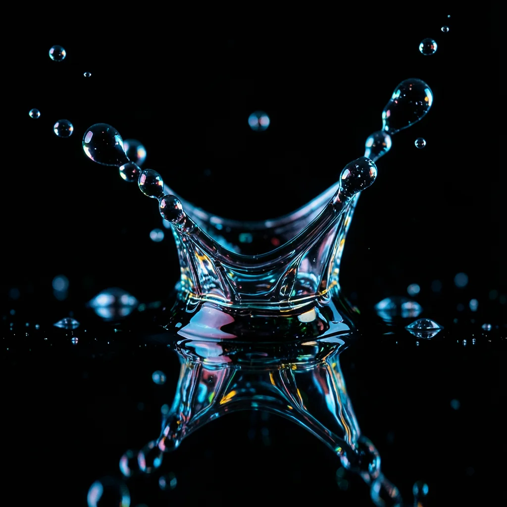 Mercury droplets merging on a dark surface, perfect reflections, extreme macro