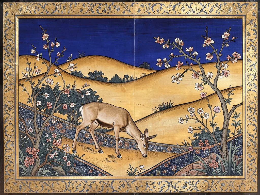 Deer grazing in a stylized landscape of sinuous hills and flowering shrubs