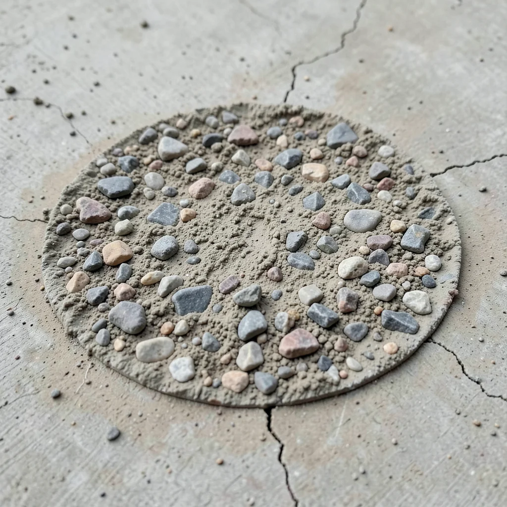 Concrete core sample cross-section, circular slice showing aggregate distributio