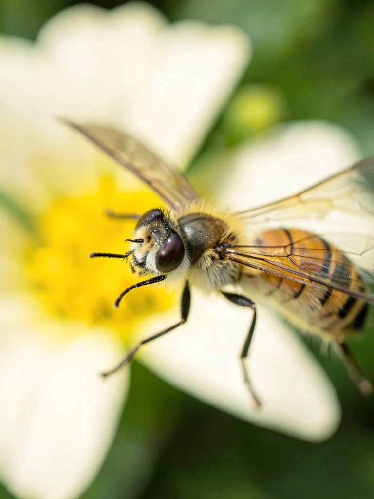 Honeybee's eye in razor focus, wing venation sharp, but flower and garden behind