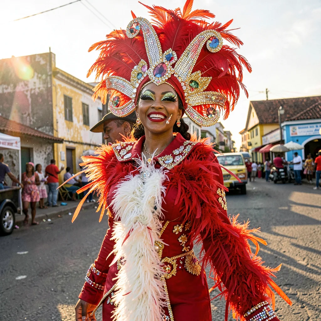Carnival saturation explosion in Port of Spain, Trinidad, Red Woman costume deta