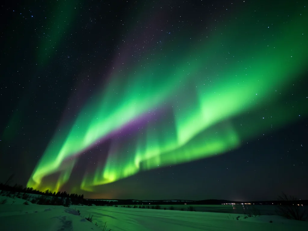 Time-lapse composite showing aurora movement across sky as flowing green silk ri