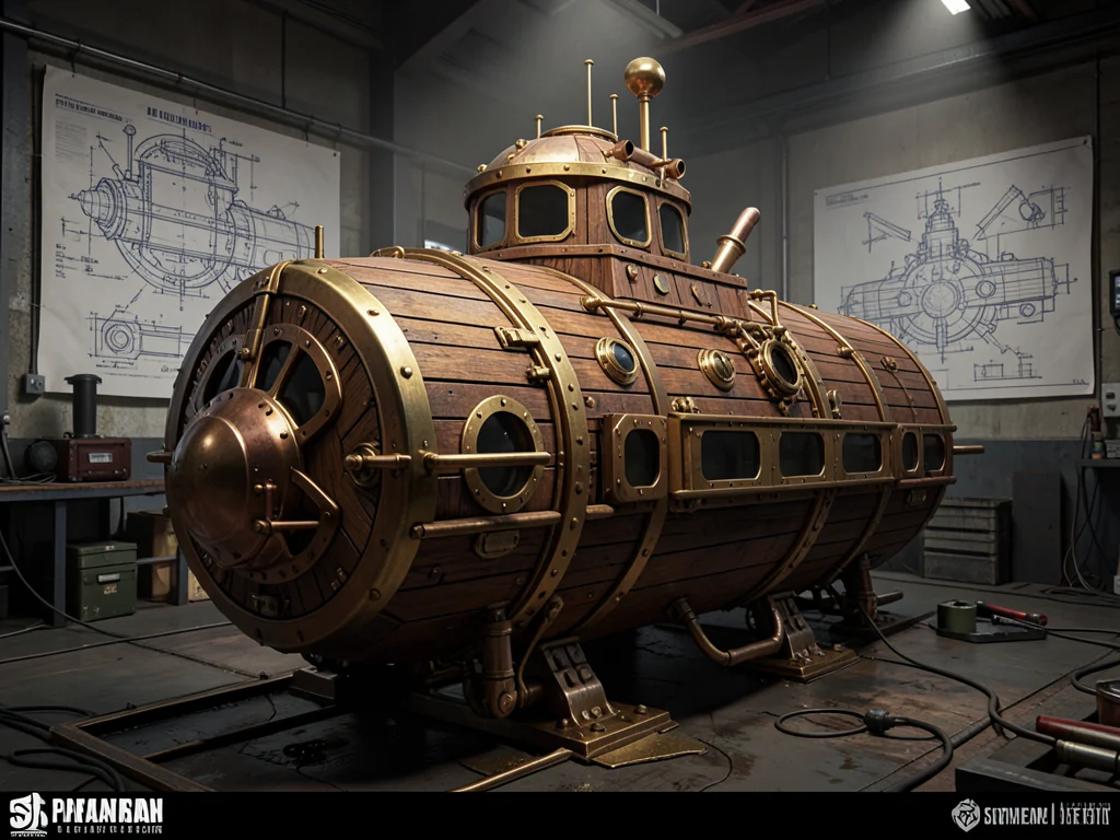 Submarine made of wood and brass with porthole windows, drydock, blueprints on w
