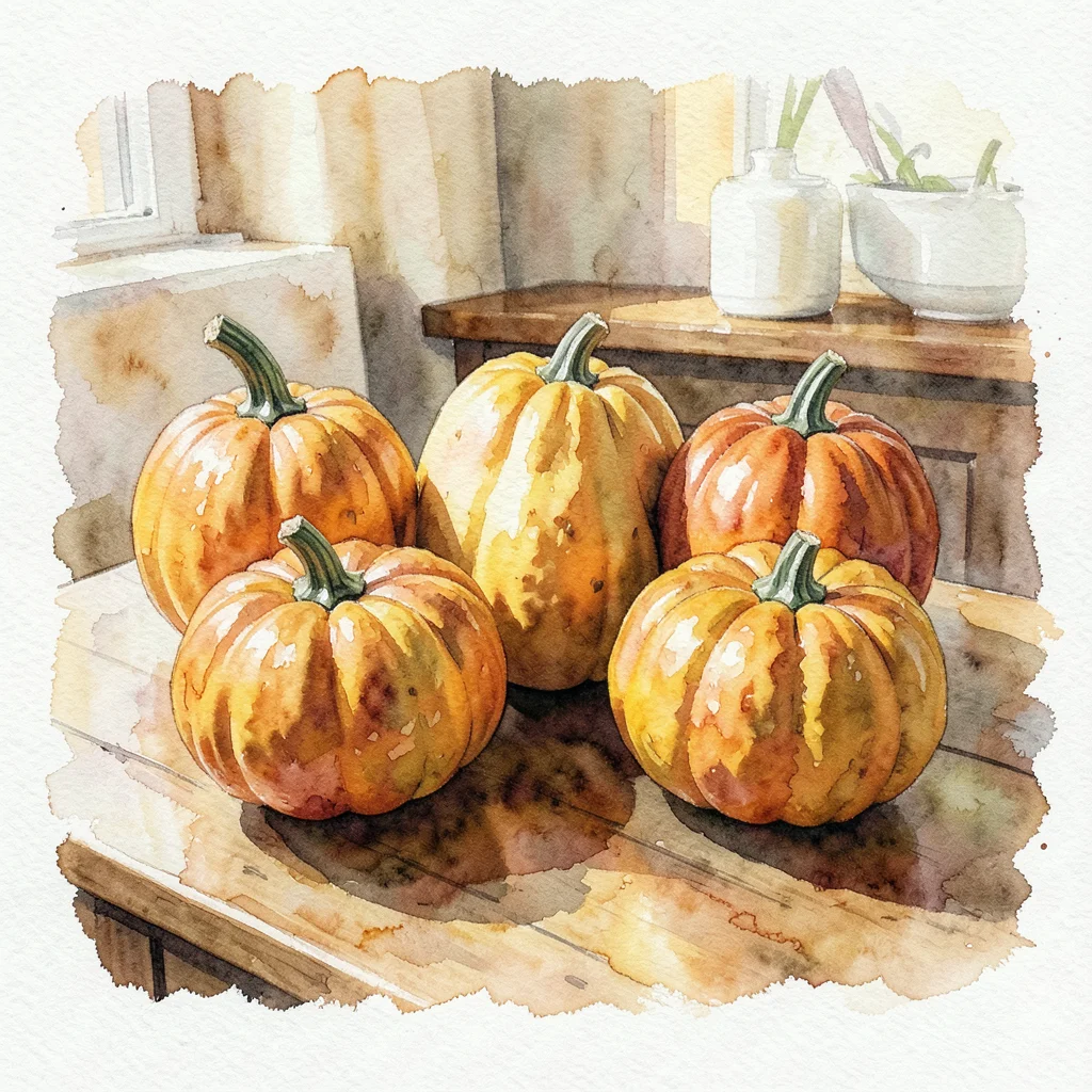 A still life of autumn squashes and gourds in warm ochre, raw sienna, and burnt 