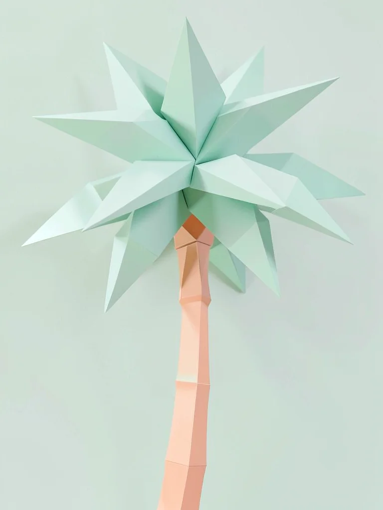 Tropical mint lowpoly palm tree with a peach trunk and cluster of chunky triangu