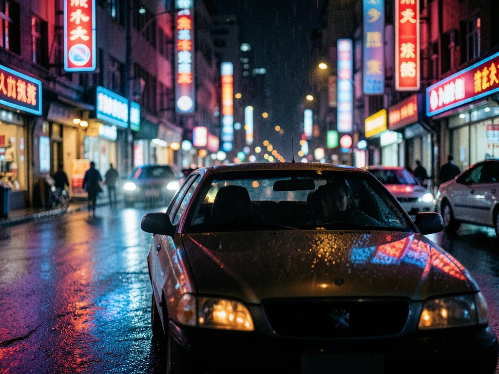 Taxi waiting at a neon-lit intersection, red and blue reflections on wet hood, d