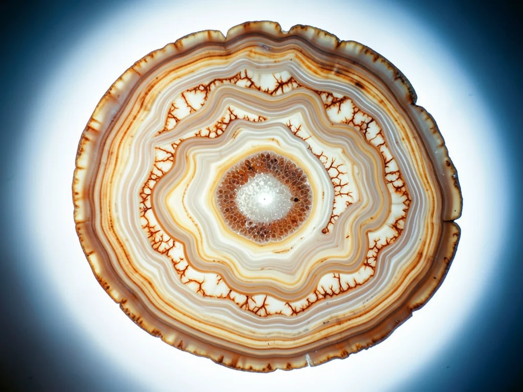 Crazy lace agate, chaotic swirling bands of cream and rust and amber, no two lin