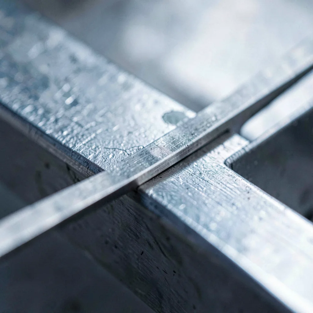Mineral-cut detail of a flat-steel boning slipped halfway from a channel, sharp 