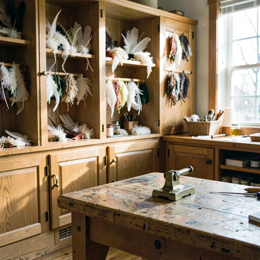 inside a Maine fly-tying shop at clear afternoon, oak cabinets stocked with feat