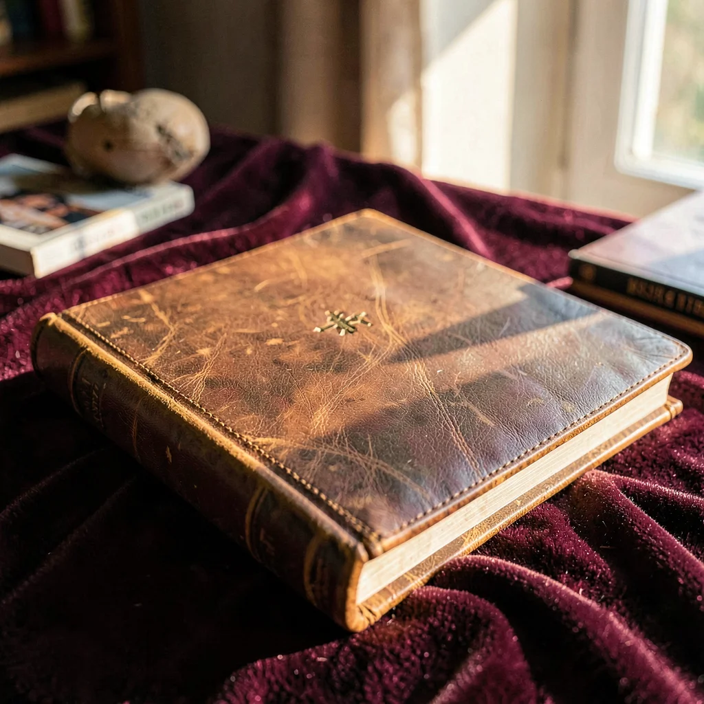 Cozy still life of a leather-bound photo album on a velvet table runner, warm af