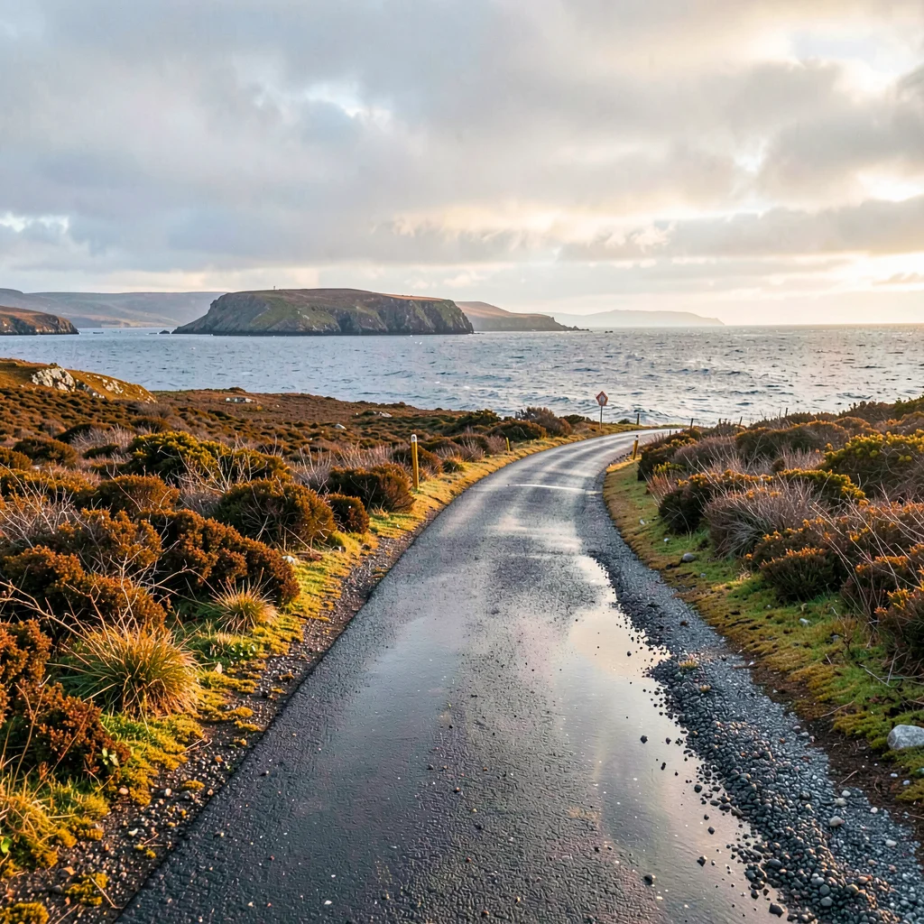 Connemara bog light, Atlantic silver, Wet road leading to distant island, silver