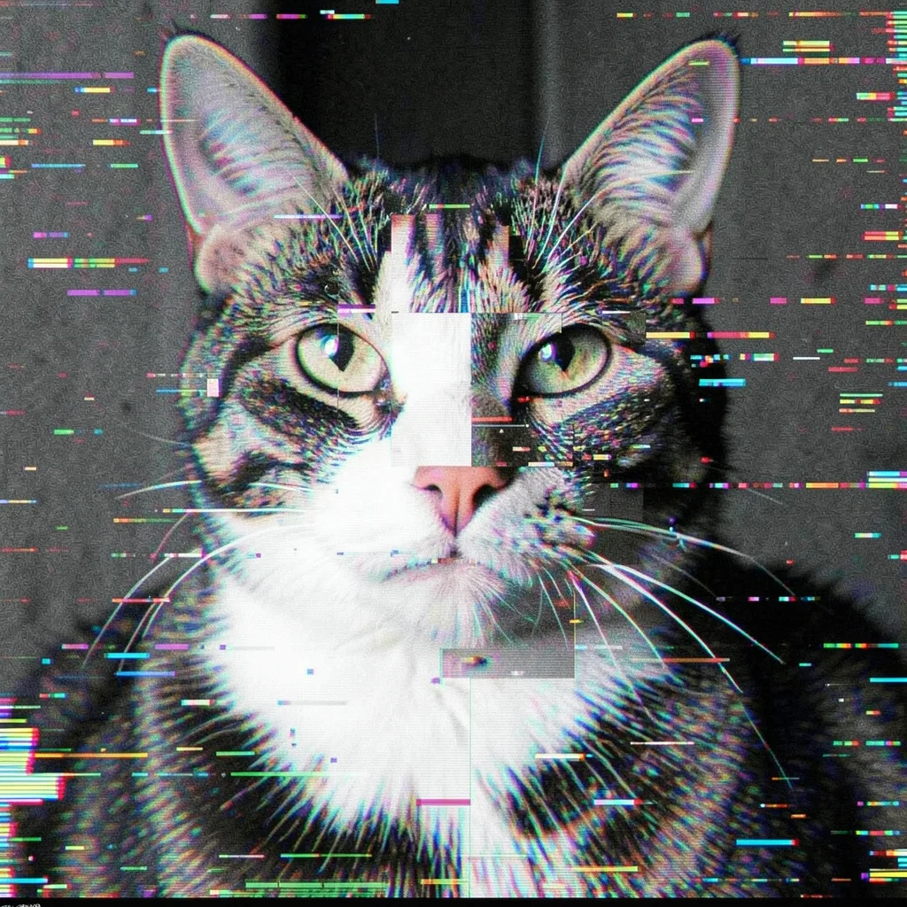 Cat photograph with macroblock shuffle, face composed of rearranged rectangular 