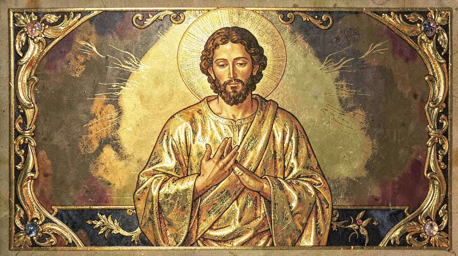 Gold leaf illuminated illustration, Christ figure blessing , burnished gold leaf