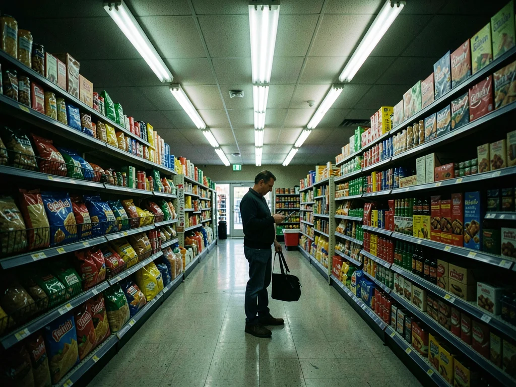 Grocery store aisle under buzzing fluorescent tubes