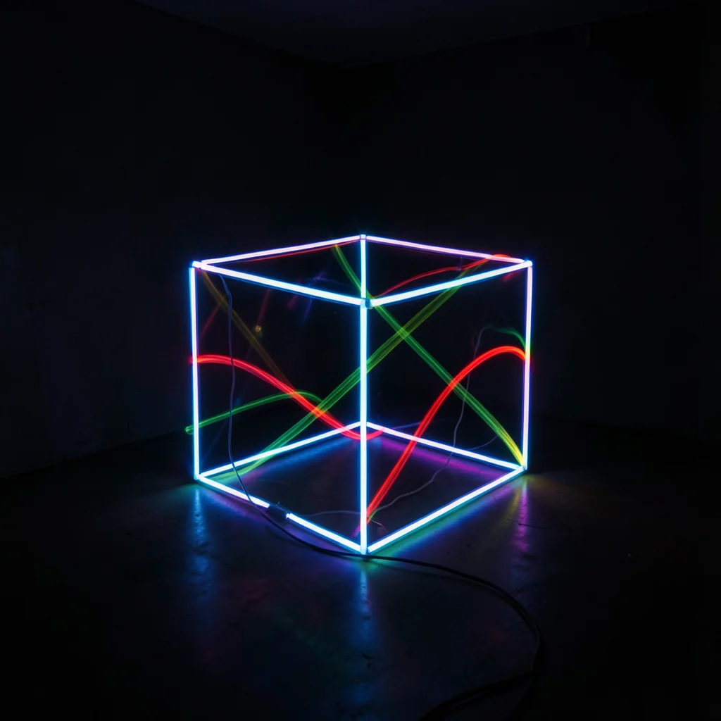 Geometric cube drawn with LED stick in a dark room, perfect edges glowing