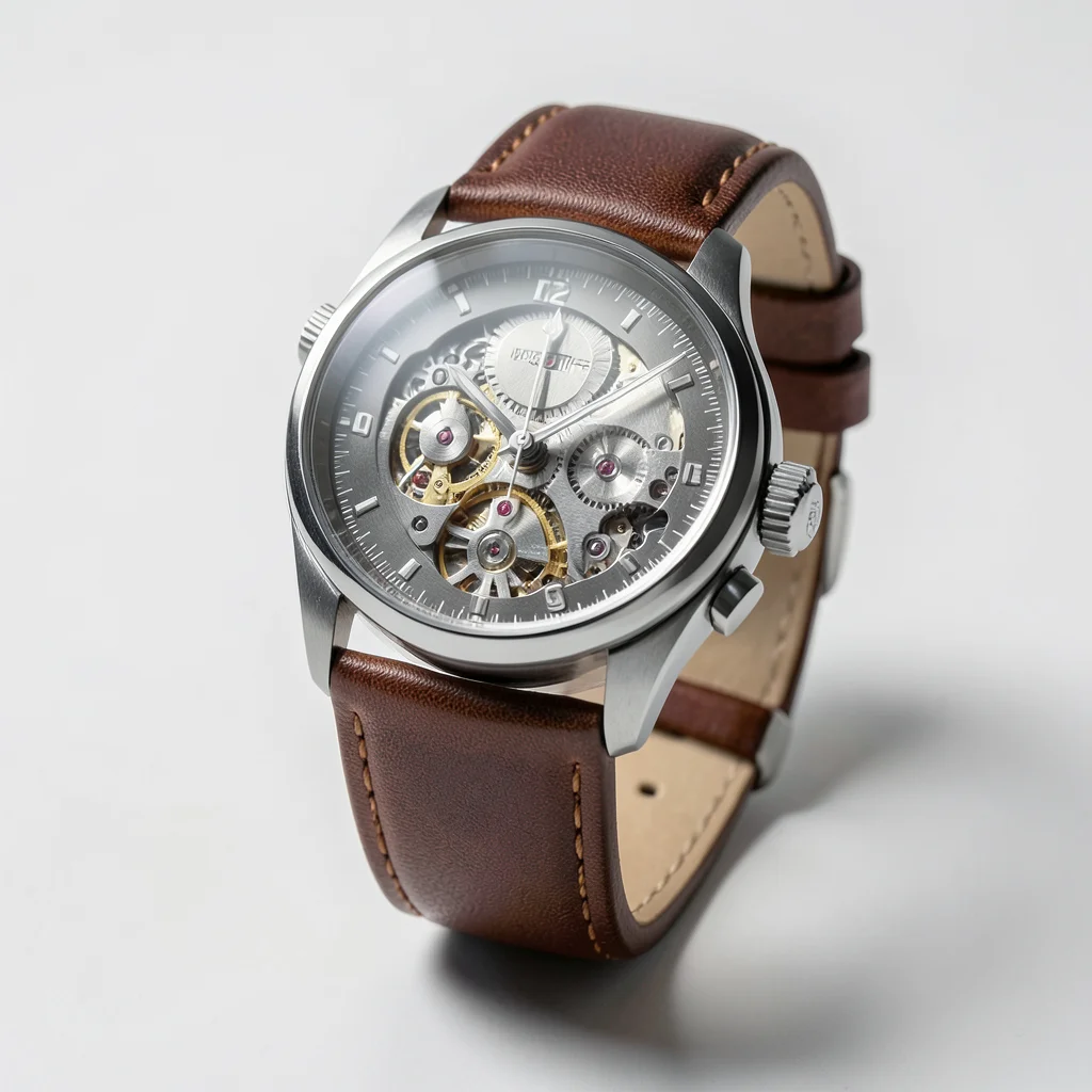 A wristwatch with a brown leather strap, the face showing mechanical complicatio