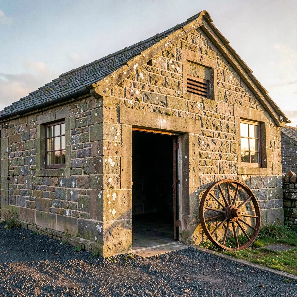 a Welsh slate-mine engine house at clear morning, weathered granite warmed amber