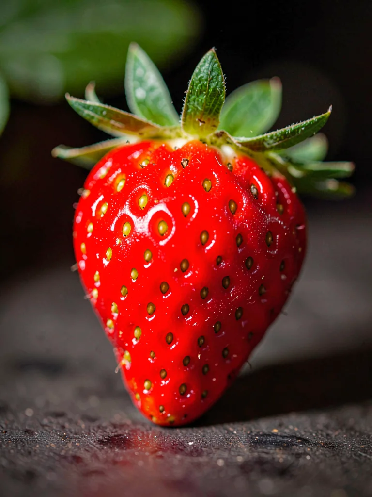 Single strawberry under macro lighting rig, eight small lights revealing every t