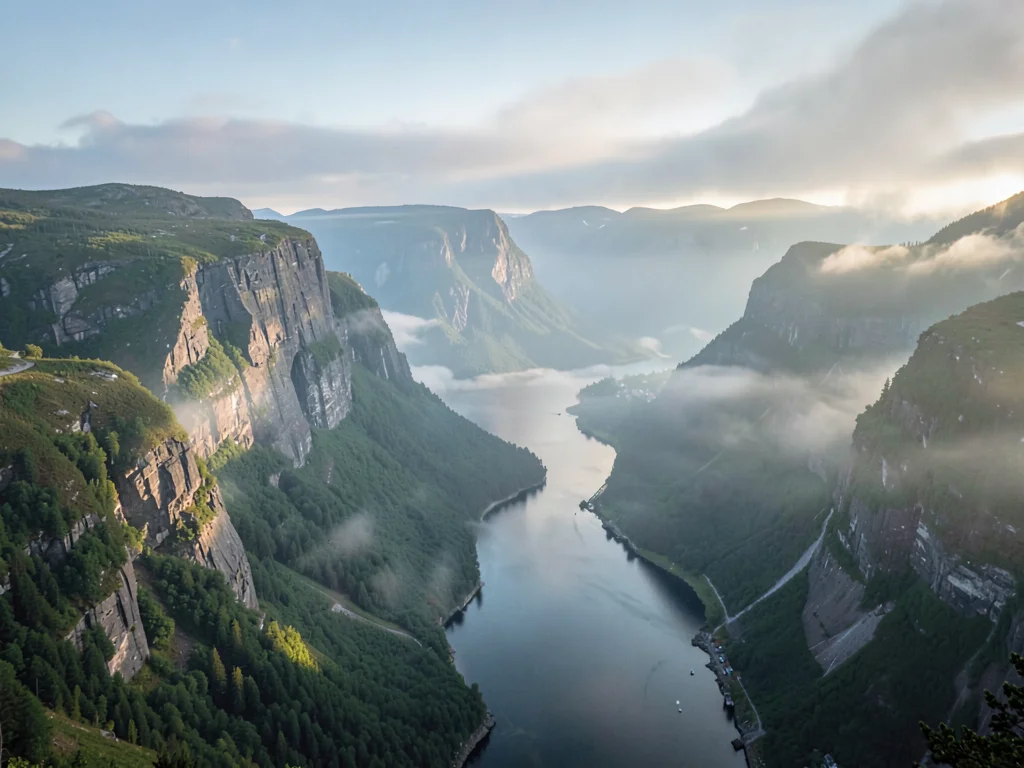 Morning mist filling valley below viewpoint