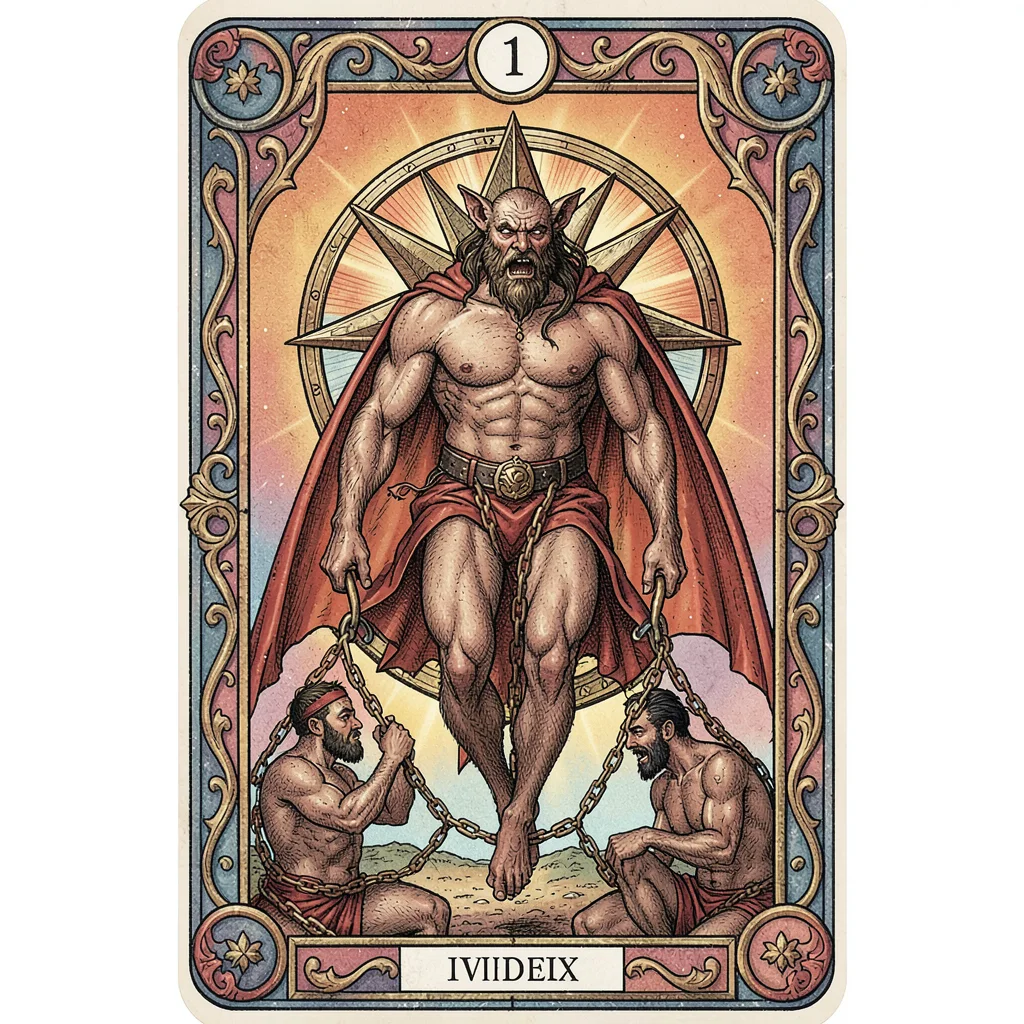 Tarot card illustration, The Devil with chained figures below, inverted pentagra