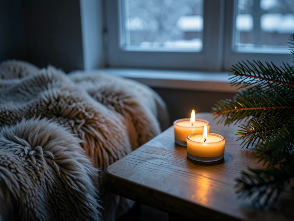 Three Tea Lights on Pine Table Edge