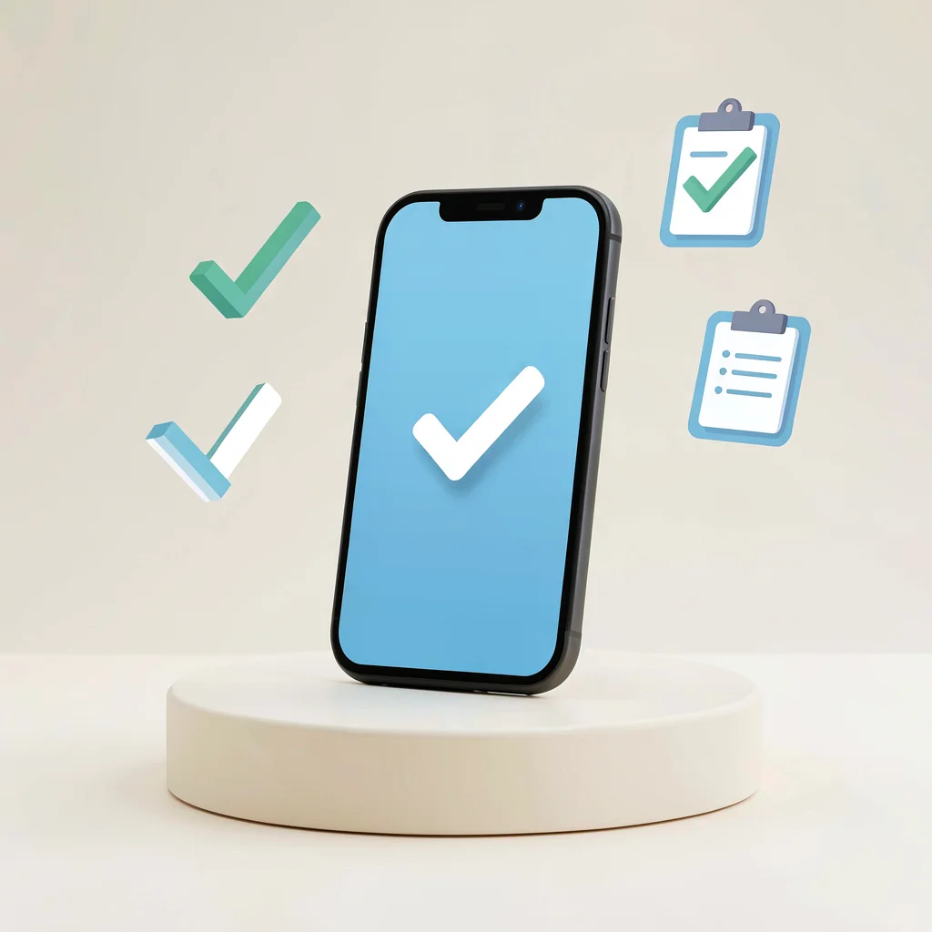 Flat UI hero of a phone tilted three-quarter on a cream pedestal, abstract check