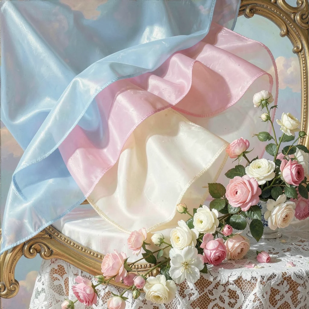 Close-up of layered organza fabric — pale blue, pink, and ivory panels overlappi