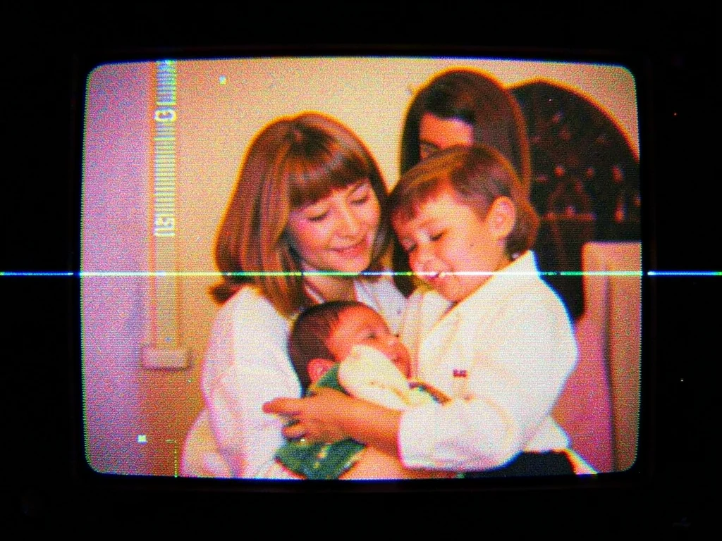 VHS recording of mother with baby, warm tones, slightly degraded, 1990s home vid