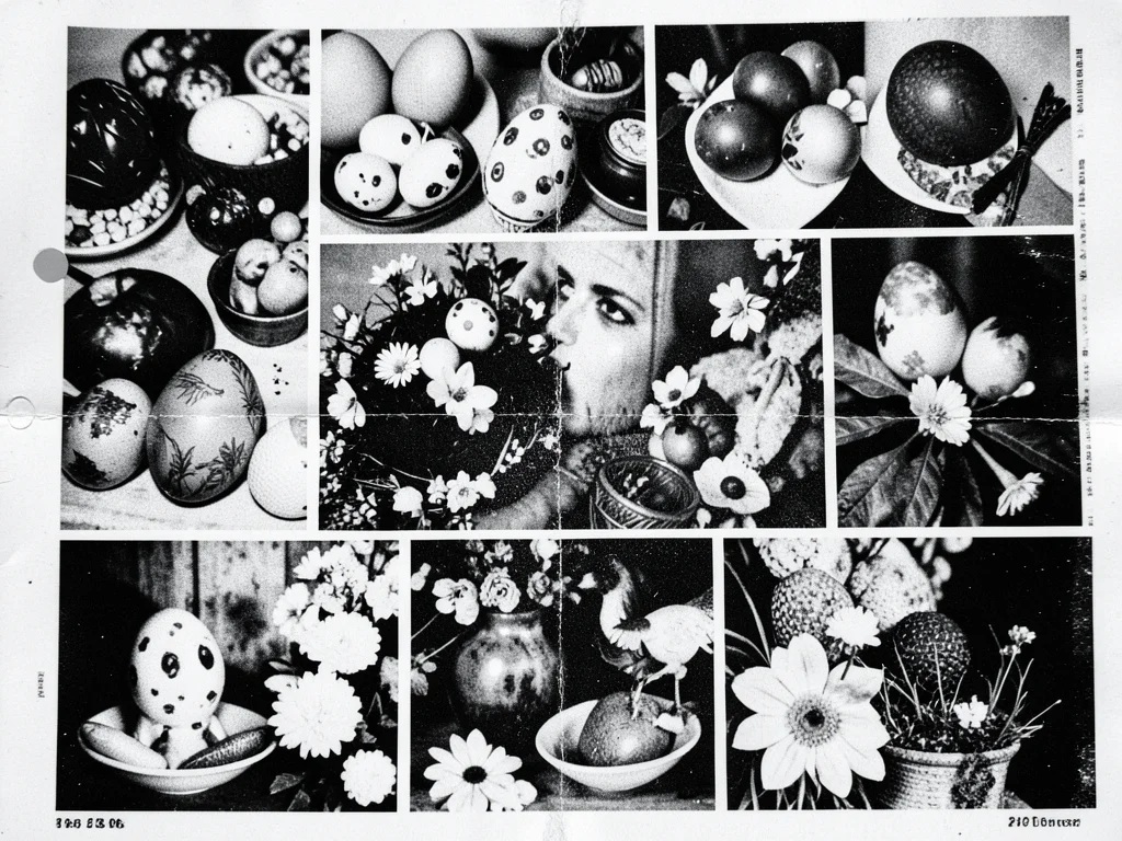 A collage of Easter imagery fed through a copier — magazine photos of eggs, choc