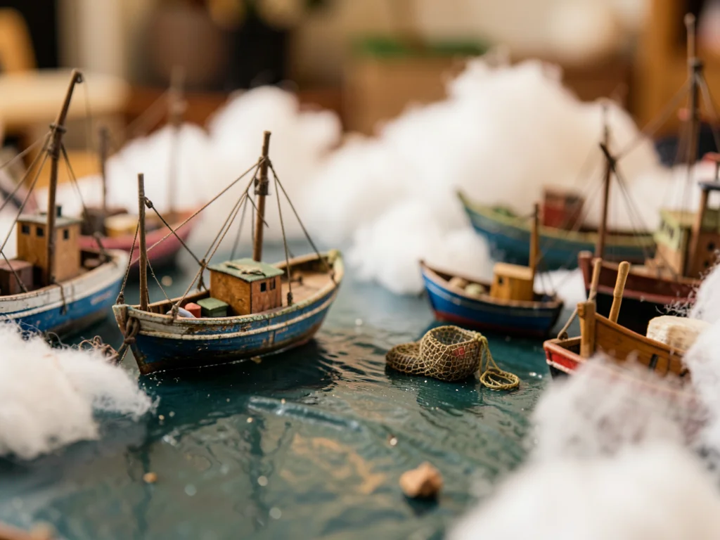 A miniature harbor: fishing boats with weathered paint, tiny lobster traps, cott