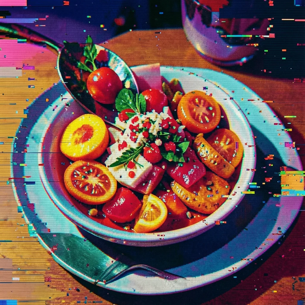 Food still life with aggressive JPEG quantization, flat color blocks where subtl