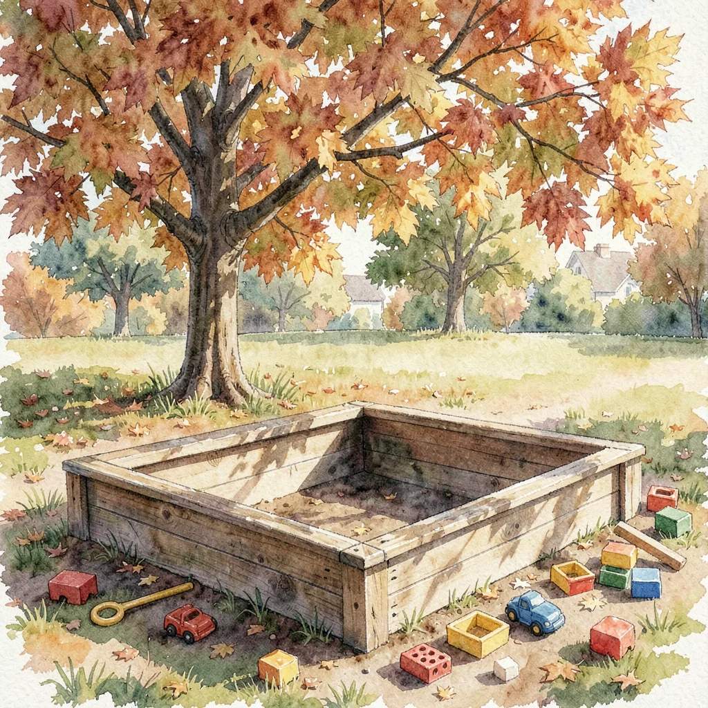 Loose watercolor of a wooden sandbox under a maple tree, scattered toys, warm af