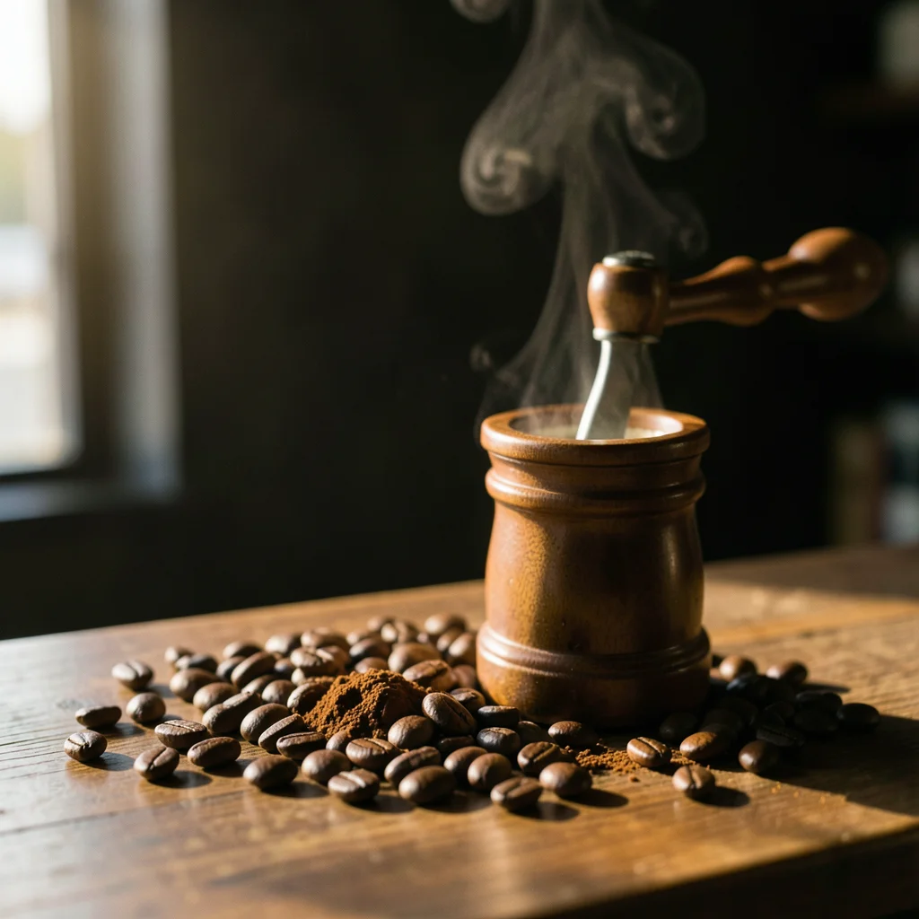 Coffee beans scattered on a wooden counter around a burr grinder, some whole and
