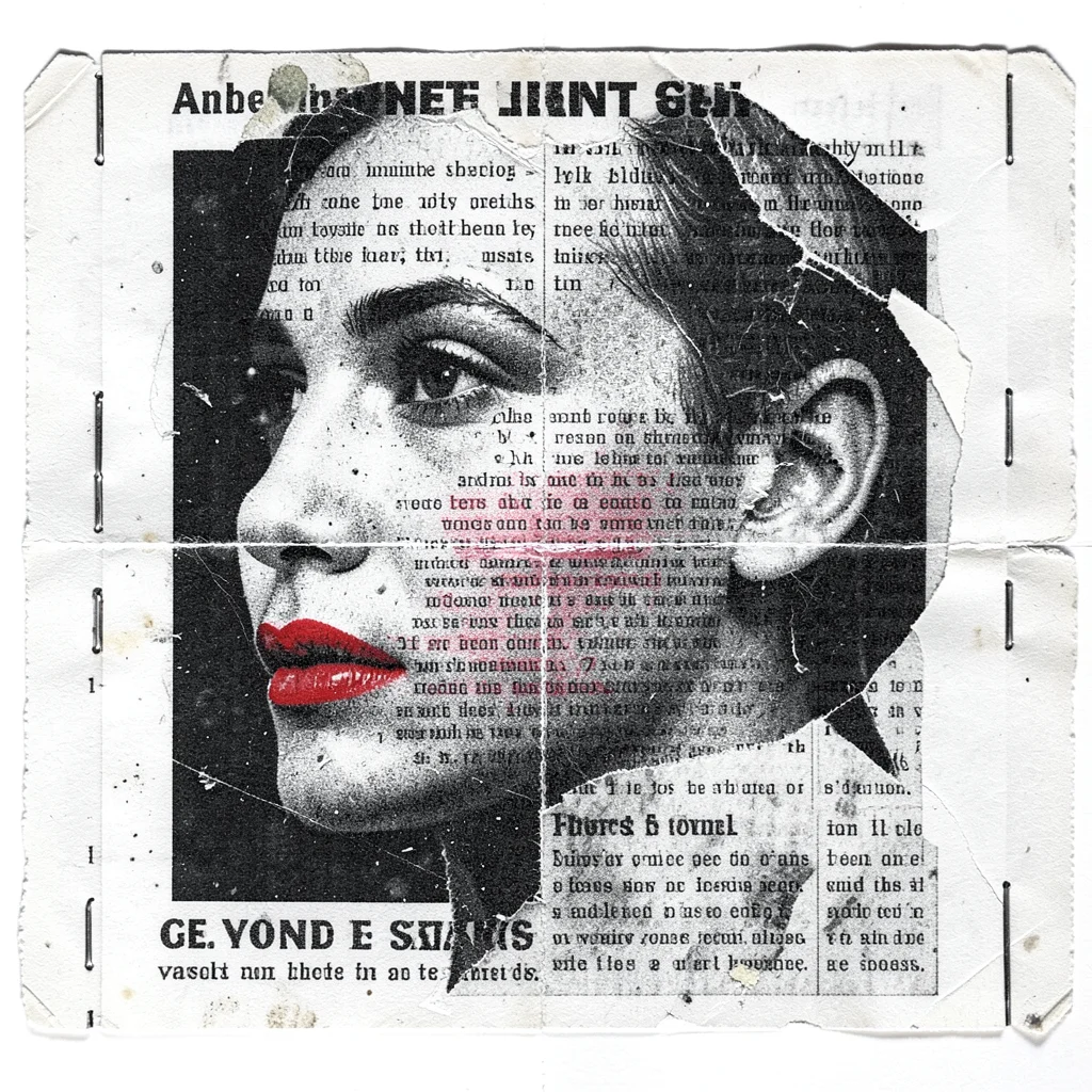 A face in profile made from torn newspaper, the text visible as texture, lips co
