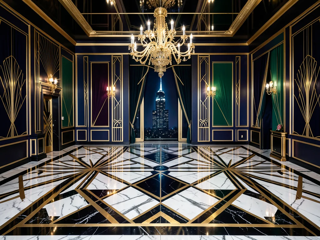 A ballroom floor in black and white marble with gold geometric inlay patterns, r