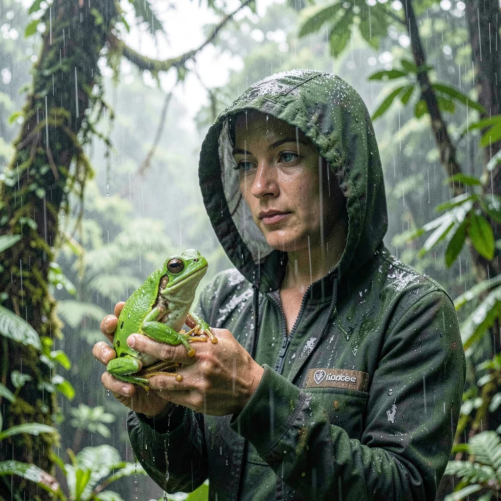 Monteverde cloud forest, filtered canopy light, Biologist holding a bright green