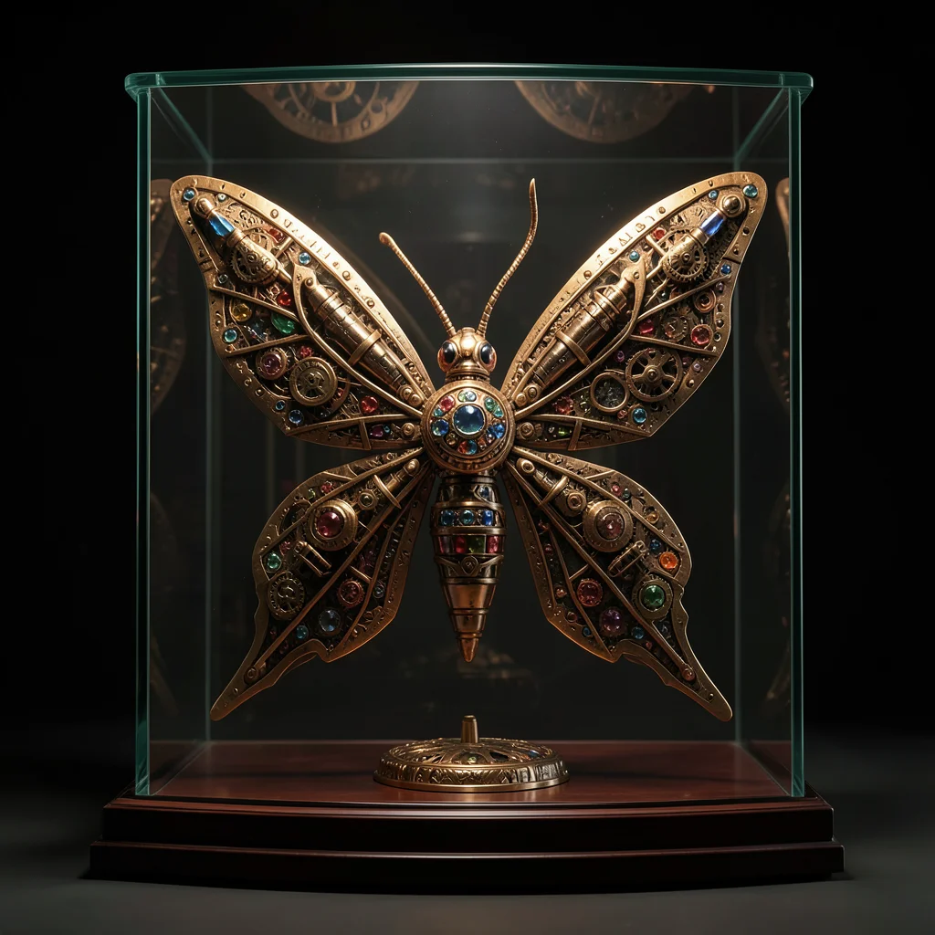 Clockwork butterfly with articulated metal wings, jeweled body, displayed in a g