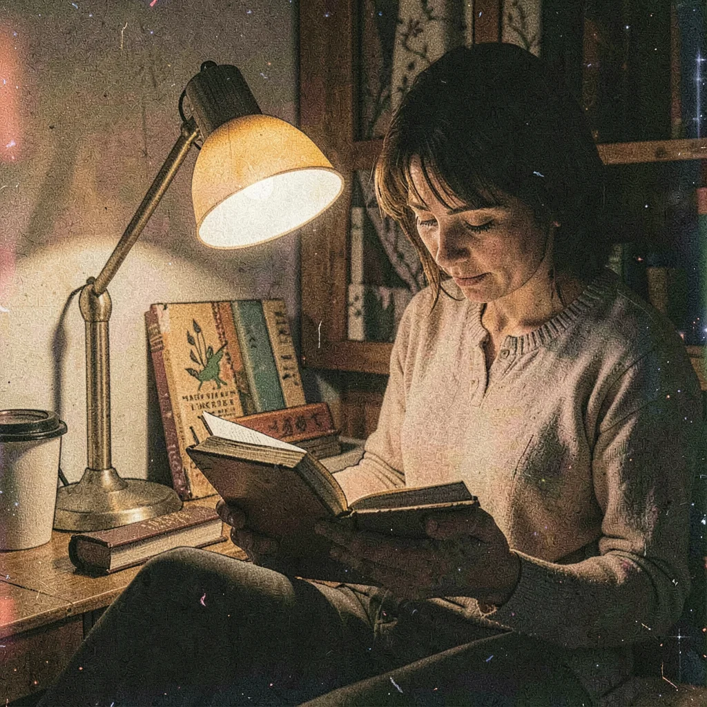 Grainy digital illustration, person reading book under lamp , film grain texture