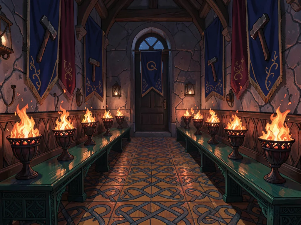 Iron-bound dwarf-king's hall at deep night with one row of brazier flames glowin