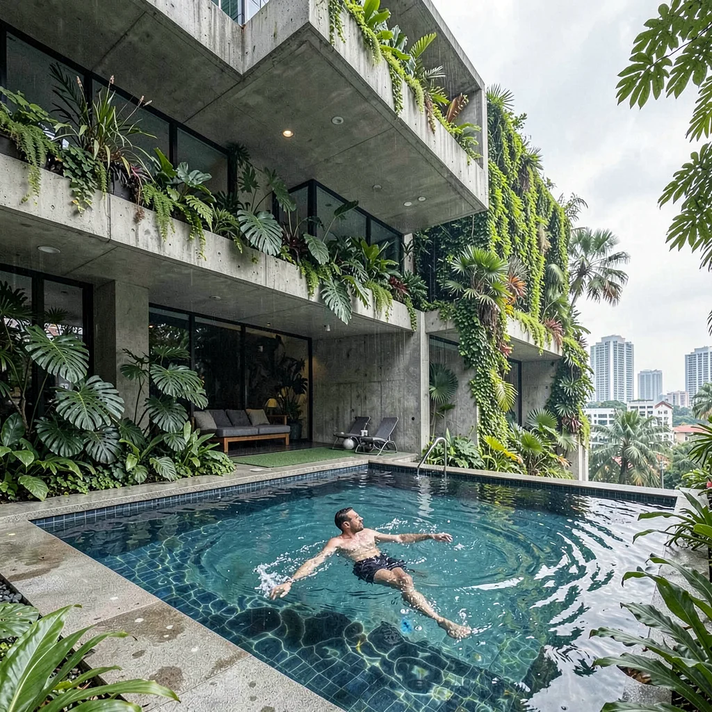 Singapore tropical modernism, green claiming grey, Swimming pool on building ter