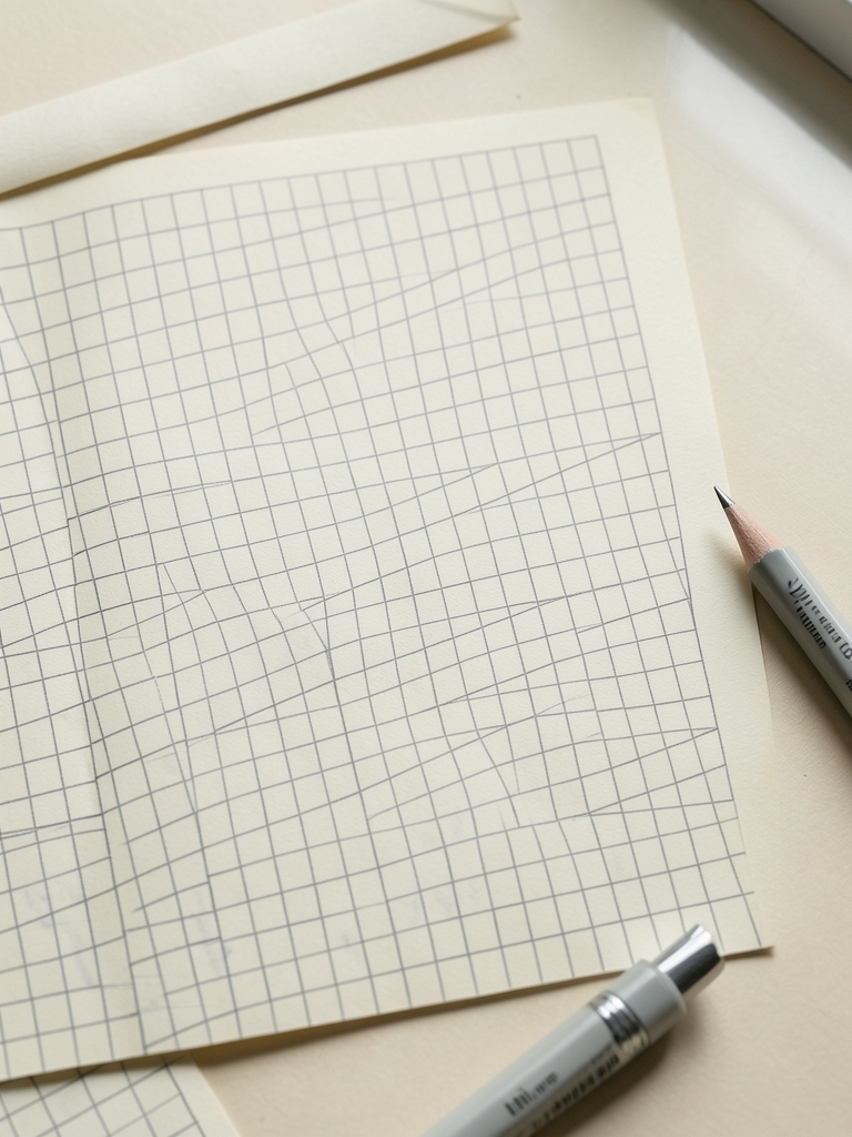Overhead flat-lay photograph of Japanese stationery on a desk surface,. A minimal close study of Japanese grid paper as 