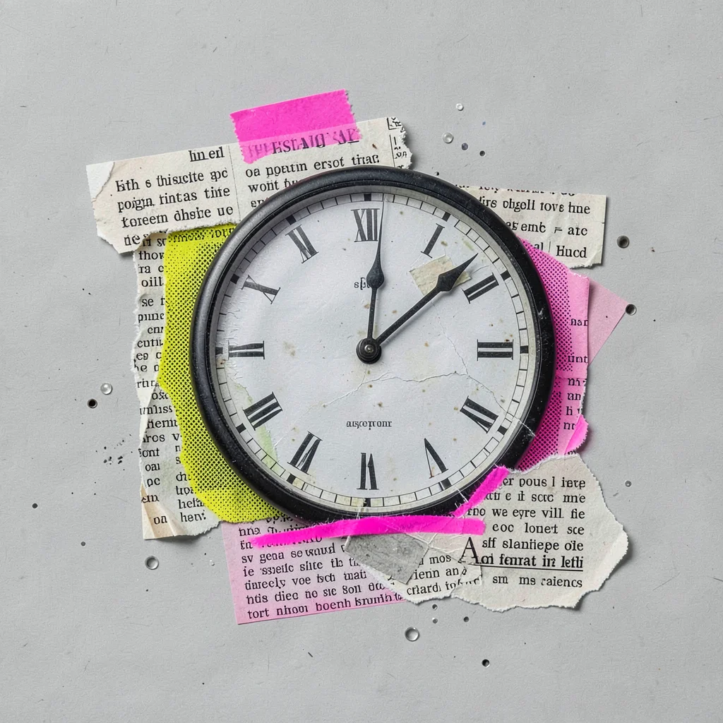 Half of a clipped photographic clock face peeks from beneath layered newsprint s