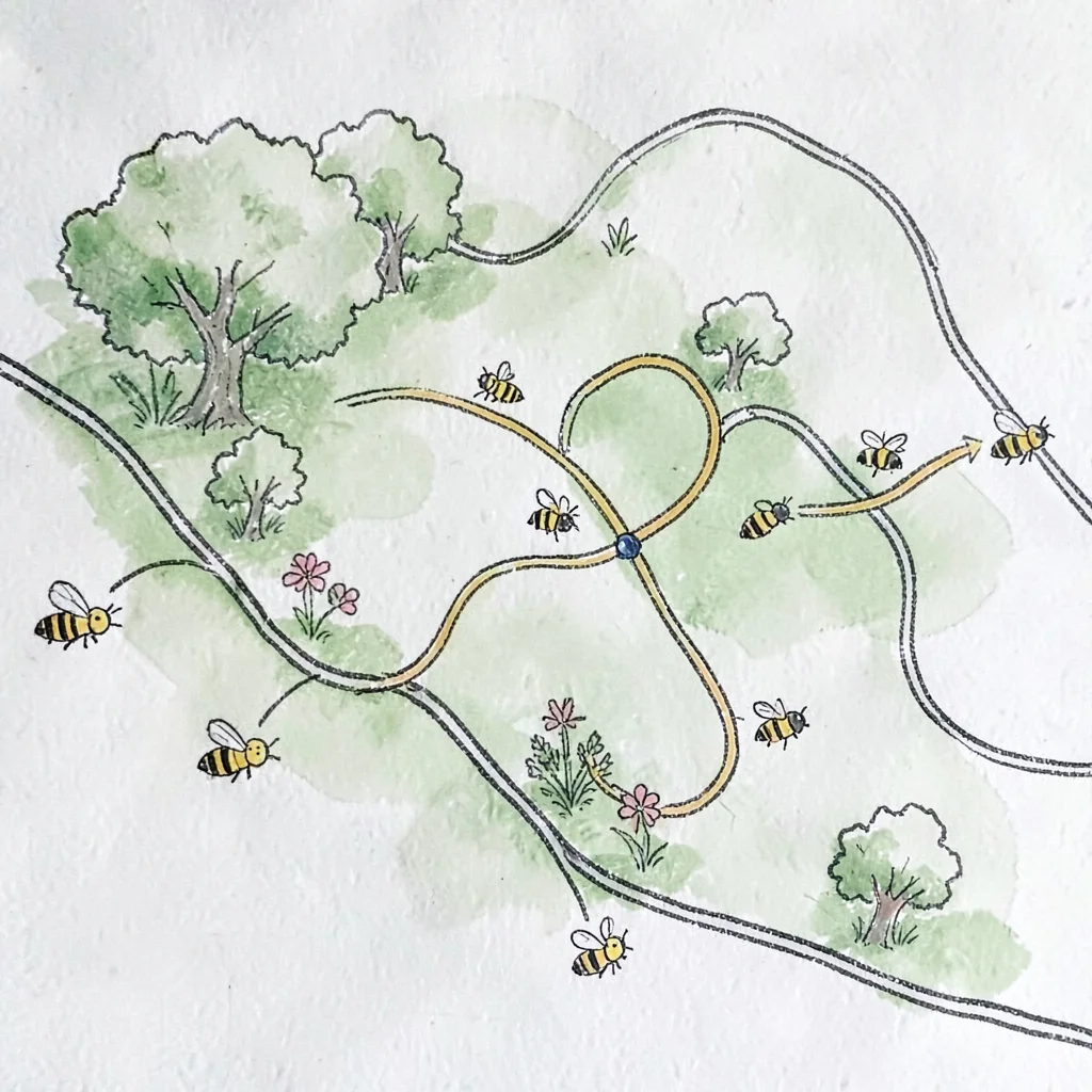 Hand-drawn map of pollinator pathways with tiny bee-symbol callouts